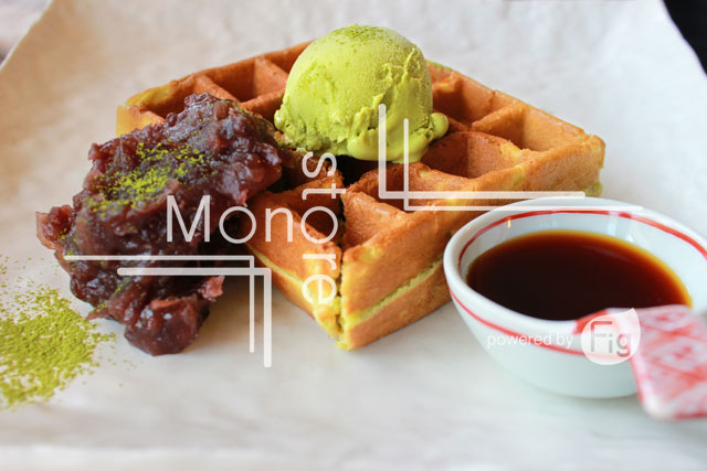 Red bean green tea ice cream and waffle served with
